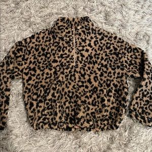 cheetah print sherpa quarter zip jacket